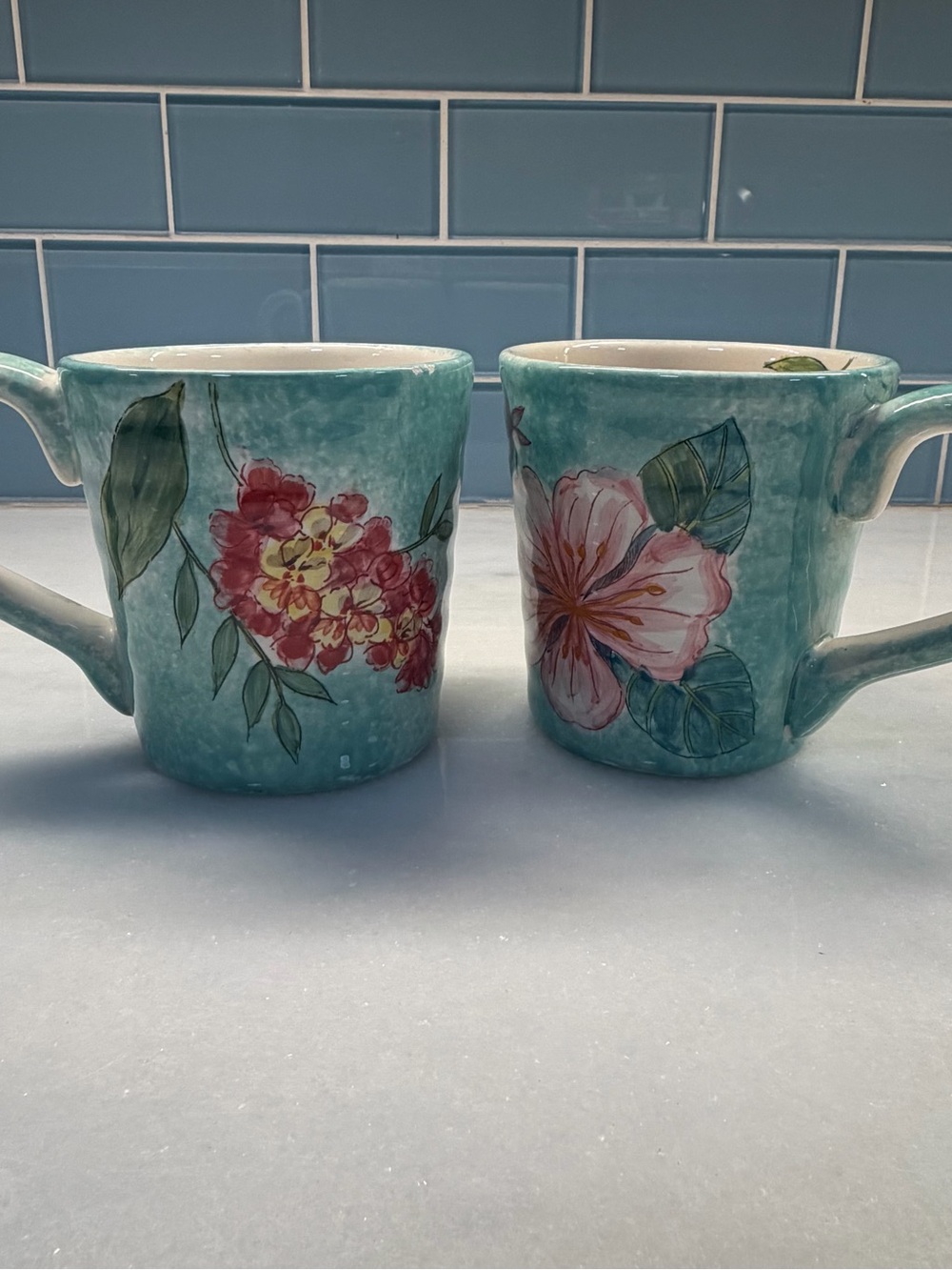 Maxcera Blue Hibiscus Mugs Set of 2 Aqua Pink Floral Ceramic Coffee Cups 4.5”